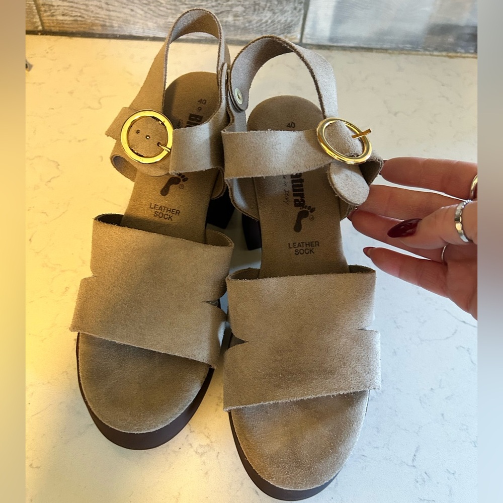 BioNatura Suede Leather Platform Heeled Sandals in Taupe Size 9/40 - Picture 3 of 12